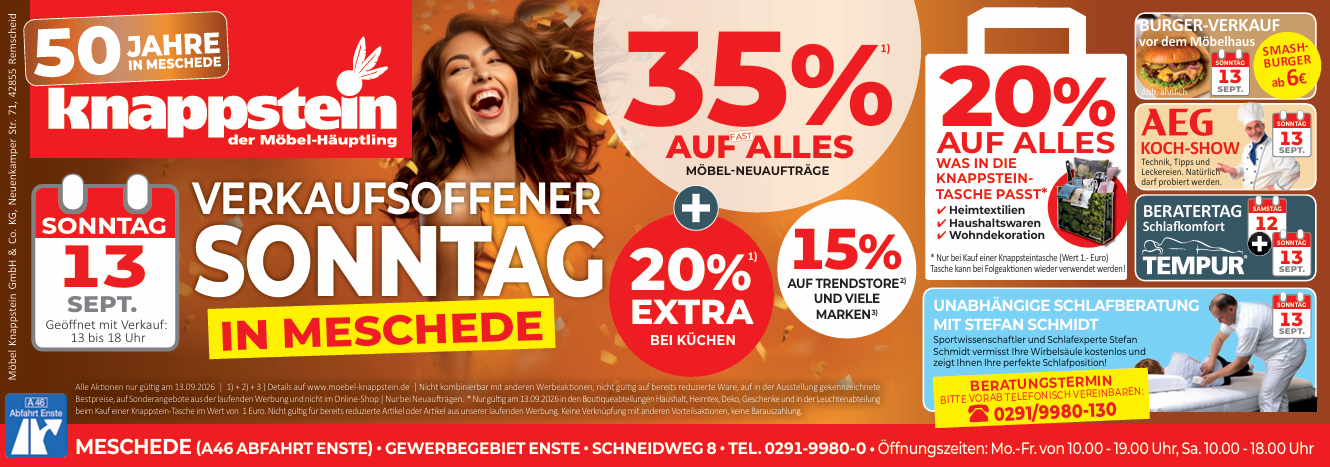 Werbung für verkaufsoffenen Sonntag in Meschede mit Rabatten auf Möbel und Küchen.